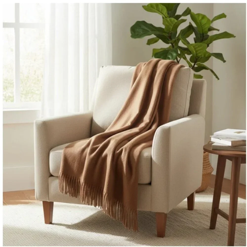 ARTZNL 100% Baby Alpaca Throw Blanket Camel Brown Large 71x51 Soft Lightweight